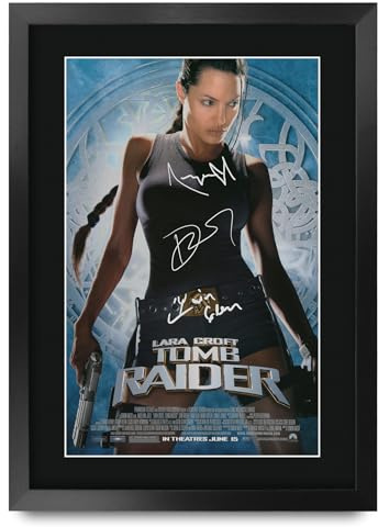 HWC Trading Lara Croft Tomb Raider 1 Angelina Jolie Geschenke Geduckter Poster Signiertes Autogramm Foto für Fans von Film Memorabilien - A3 Gerahmt