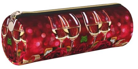 DNBCLEZK Trousse à crayons ronde en cuir avec fermeture éclair lisse et tirette en métal durable, motif rose vin et rouge, doré, Taille unique
