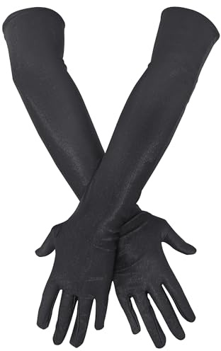 Qiuyan Long Satin Gloves Evening Opera Stretchy Elbow Length Gloves for Wedding Prom - Black