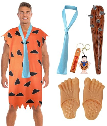 Huraogcos 5PCS Fred Feuerstein Kostüm für Erwachsene Männer Höhlenmensch Cosplay Outfits mit Fußbedeckungen aufblasbarer Keule Stock Krawatte (M)