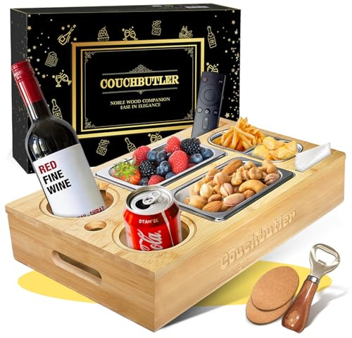 Couchbar Snackbox, Couch Tablett mit Geschenkbox, Couch Butler, Sofa Tablett mit 2 Snackschalen, Getränkehalter, Snackbar Organizer mit Flaschenöffner Geschenke für Männer Geburtstag(Hellfarben B)
