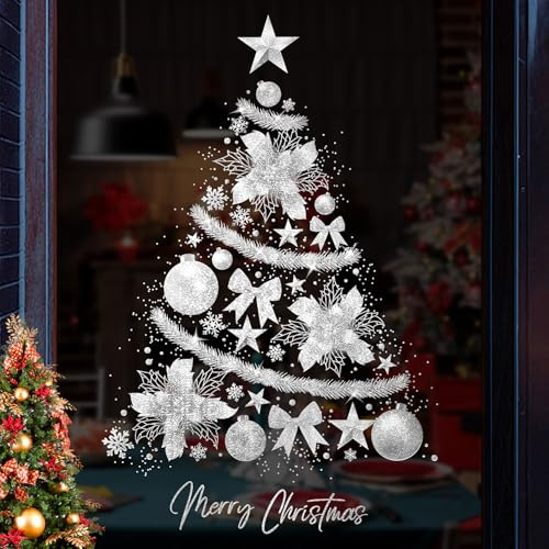Silver Christmas Tree Stickers 30 * 90cm,Extra Large Christmas Window Stickers, Reusable Xmas Stickers for Christmas Decoration,Silver Bow Design