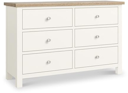 RoselandFurniture Farro Coconut White 6 Drawer Chest of Drawers Bedroom | Fully Assembled, Large Wooden Storage with Oak Top, Painted Finish, Farmhouse Style, H78cm W120cm D36cm