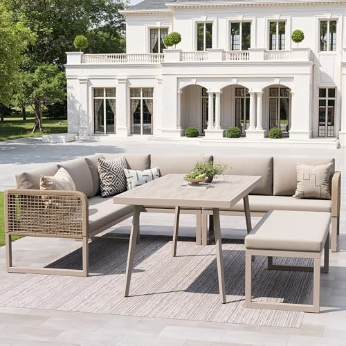 Merax Gartenmöbel Set,Outdoor Sofa Garnitur für 6-8 Personen mit Sitzkissen & Rückenkissen, Handgeflochtene PE-Rattan Loungesessel, Wetterfestes Terrassen Sofa Set, Modular und Flexibel, Beige