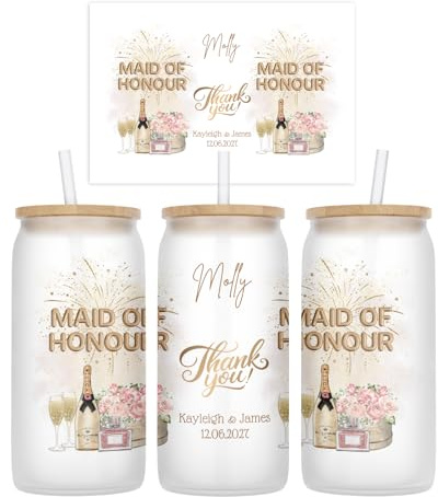 Personalised Maid of Honour Design Frosted Glass Tumbler with Lid and Straw, Thank You Wedding Gift