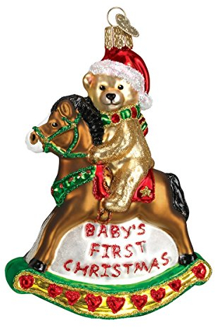 Old World Christmas Rocking Horse Teddy Glass Blown Ornament for Christmas Tree, Handcrafted Holiday Decoration, Baby’s First Christmas Collection