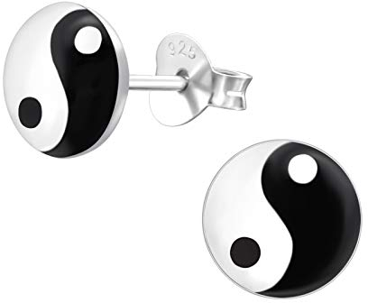 Laimons Damen-Ohrstecker Yin Yang Platte Scheibe 8mm weiß schwarz Sterling Silber 925