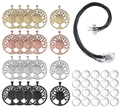 LANBEIDE 60Pieces Cabochons Crafting Kits-20Pcs Tree of Life Bezel Pendant Blank Trays with 20Pcs Glass Dome and 20Pcs Black Necklace Cords with Clasps for DIY Jewelry Making