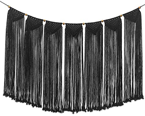 Flexzion Makramee Wandhängendes Banner Tapisserie Kunst (120 cm schwarzer Baumwollvorhang) Handgewebter böhmischer Wanddekor Boho Schlafzimmer Wohnzimmer Vorhänge Baby Kindergarten Hippie Rustikal