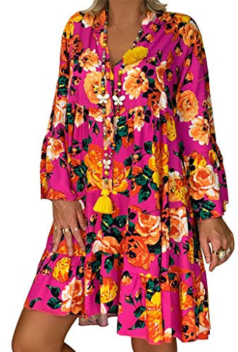 SoLu DAY8 Robe Ete Femme Boheme Courte Col V Mini Robe de Plage Femme Grande Taille S-5 XL Casual Fleurie Ample Pas Cher Casual Décontracté Lâché Vacances (Fuschia, M)