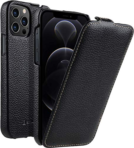 StilGut UltraSlim adatto a iPhone 12 Pro Max (6.7) custodia - iPhone 12 Pro Max (6.7) flip case in pelle apribile completamente, custodia verticale con clip a scatto - nero