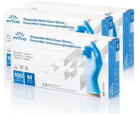 Intco, Blaue Einweghandschuhe aus Nitril, puderfrei, latexfrei, ideal für Tätowierer, Medizin, Schönheitspflege, Umgang mit Lebensmitteln, Schachtel mit 100 Stk. (300S)