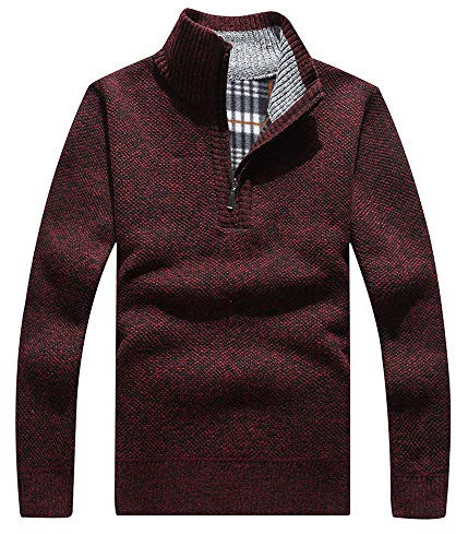 Les umes Mens Quarter Zip Jumper Plaid Fleece Lined Knit Turtleneck Sweater Warm Long Sleeve Stand Collar Pullover Wine 2XL