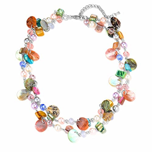 FULU AUTUMN Short Shell Beaded Layered Necklace Silver Pearl Chunky Statement Necklace Turquoise Costume Jewellery for Women Mothers Day Gift(Colorful)