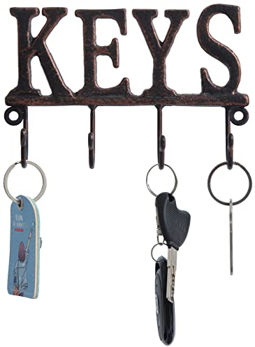 Schlüsselbrett - Keys - Wandmontierter Schlüsselhaken - Schlüsselorganizer aus Gusseisen - Dekoratives Schlüsselregal mit 4 Haken - Wandhalterung für Jacken, Schlüssel oder Handtücher Bronze