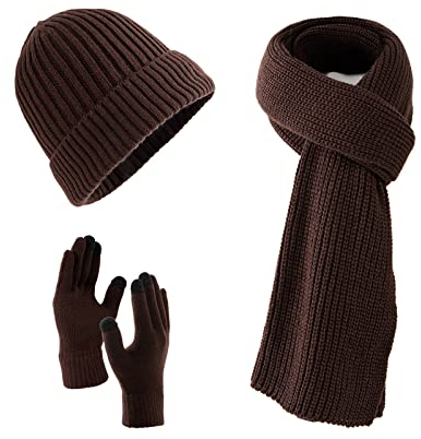 Villand Scarf Beanie Golves Set für Damen und Herren mit Geschenkbox (Kaffee)