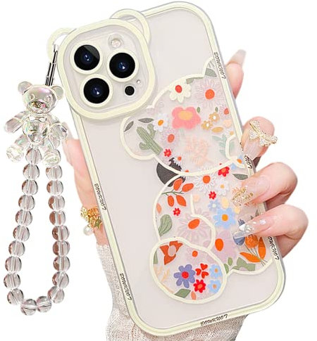 IAIYOXI for iPhone 11 Pro Max Case with Cute Flowers Bear Pattern, Camera Protector, Clear Case and Lovely Strap Bracelet Chain, Compatible for iPhone 11 Pro Max for Girls Women (Clear)