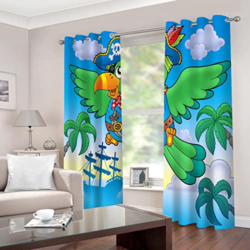 TFLABS Vorhang Cartoon & Pirat Papagei Blickdichte Gardinen -Lichtundurchlässige Vorhänge mit Ösen für Schlafzimmer Kinderzimmer Geräuschreduzierung