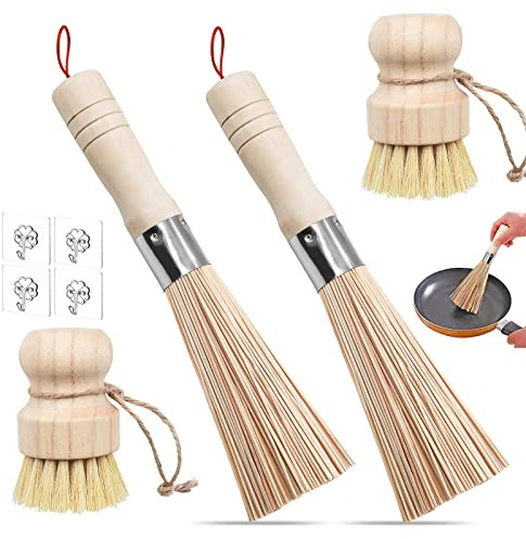BITEFU 4 STK Wok Bürste Bambus Set, Pilzbürste, Bambus Wok mit Schnur Bürste für Reinigung von Töpfen, Pfannen, Tellern und Besteck mit 4 Haken(Zwei Stile)