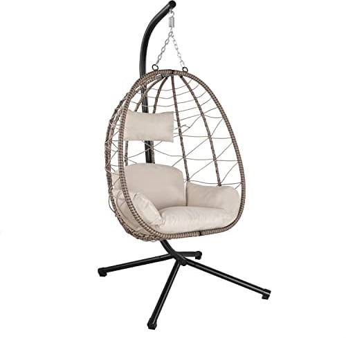 Juskys Hängesessel Aria mit Gestell höhenverstellbar, faltbar & ergonomisch - Outdoor & Indoor - bis 130 kg - Polyrattan Korbhängesessel inkl. Kissen - Beige