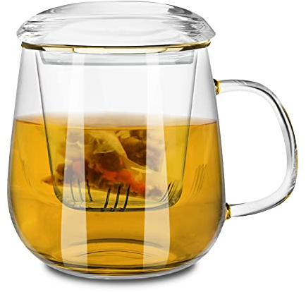 Anseom Tazas de Te Transparente con Filtro 500 ml Vaso de Te Todo en Uno con Filtro y Tapa Taza de Te de Vidrio Borosilicato para Te Negro Te Verde Té de Frutas