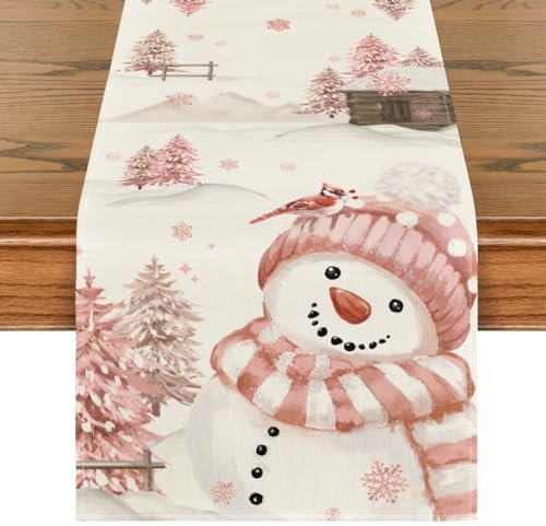 Artoid Mode Rosa Schneemann Weihnachten Tischläufer, Saisonnal Winter Küche Tisch Dekoration Drinnen Urlaub Party Dekor 40x140 cm