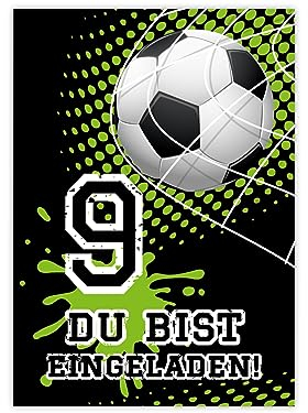 Minkocards 12 Einladungskarten zum 9. Kindergeburtstag Junge Fussball Fußball Einladungen zum neunten Geburtstag Kinder bunte Geburtstagseinladungen