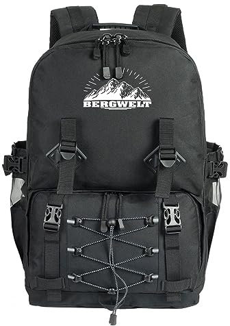 Wander-Rucksack mit Berg-Welt Motiv 100% Polyester, Reflektierende Streifen, Fassungsvermögen: 40 Liter, Maße: 35 x 50 x 23 cm | Schwarz