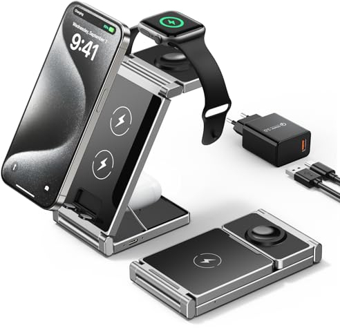 Hohosb 3 in 1 Caricatore Wireless Stazione, Wireless Charger Stand pieghevole in lega di zinco Per iPhone 15/14/13/12/11 Pro Max/X/Xs Max/8/8 Plus,Per Apple Watch S2-8/Ultra,Per Apple Earbuds(Nero)