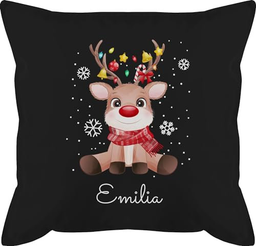 Kissen 50x50 - Weihnachtskissen Christmas Geschenke - Süßes Rentier mit Name Wunschtext I Geschenk Rentier Weihnachten I Rudolph Reindeer Rudolf - 50 x 50 cm - Schwarz - Merry Weihnachts-Kissen