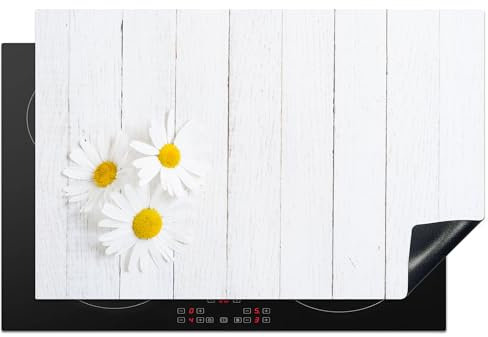 KitchenYeah© Herdabdeckplatte Einteilig Abdeckplatten Cerankochfeld Abdeckung Ceranfeld Herdplattenabdeckung Induktionsmatte Blumen - Gänseblümchen - Holz - Weiß - 80x52 cm