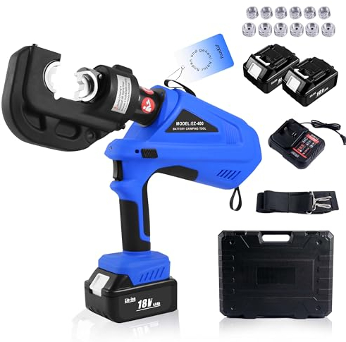 FoundGo Elektrische hydraulische Kabelschuh-Crimpzange, 12 Tonnen, elektrische Klemme, Kabel, Faser, wiederaufladbar, hydraulische Crimpzange mit 11 Stanzformen (10–300 mm²)