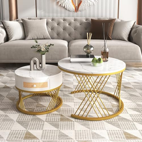 Merax 2-in-1 Round Coffee Table made of MDF, Rattan Drawers, Solid Wood Handles, Round Nest of Tables for Living Room, White+Gold
