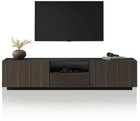 WHOUS Mobile Porta TV COSTE per Soggiorno con 4 Ante e 1 Cassetto, Mobile Tv in Stile Canneté per Salotto in Legno, 220,1x43x46 cm, Antracite Opaco e Legno Scuro