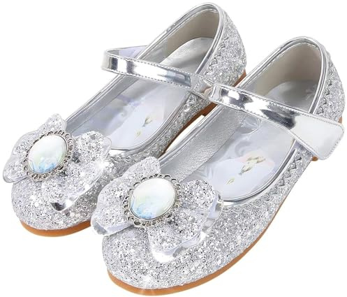 Vorkhuaeri Chaussures de Princesse Elsa pour Filles, Baskets Plates à Paillettes pour Enfants, Chaussures Costume Habiller Une Fête Cosplay Mariage (24,C2-Silver)