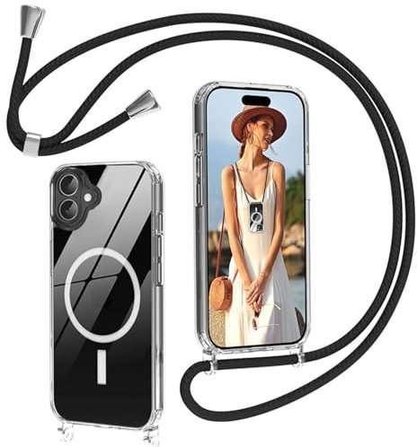 Nupcknn Coque Magnétique avec Cordon pour iPhone 16 Magsafe, Transparente Anti-Jaunissement Coque Antichoc Housse Collier Réglable Téléphone Étui Portable Lanyard Case Protection Complète Cover