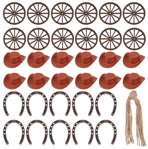 OLYCRAFT 93 Stück Western Thema Party Dekorationen enthalten 30 Stück Mini Cowboy Hüte 24 Stück Wagon Wheel Set 24 Stück Hanf Seil 15 Stück Hufeisen Link Cowboy Tisch Centerpieces Mini Hufeisen