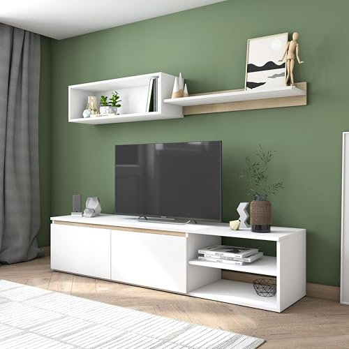 Miroytengo Modulo de TV para Salón Comedor Estilo Nórdico en Color Blanco Mate y Roble Sahara 160 cm