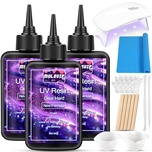 MULEVIP UV Resin Set mit UV Lampe,UV Harz,Resin UV 300g Kristallklares UV Harz Set,UV Harz Klar für Schmuck,Basteldekoration,DIY Handwerk und Mischzubehör für die DIY Schmuckherstellung