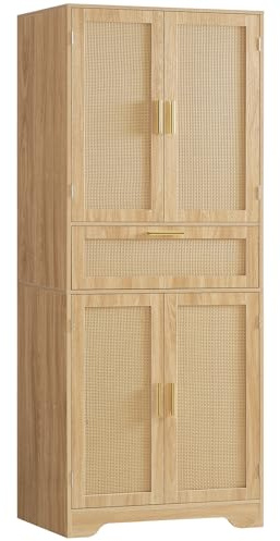 Iwell Tall Storage Cabinet with 2 Adjustable Shelves & Large Drawer, Rattan Cabinet with 4 Doors, Pantry Cabinets for Dining Room, Living Room, Home Office, Natural