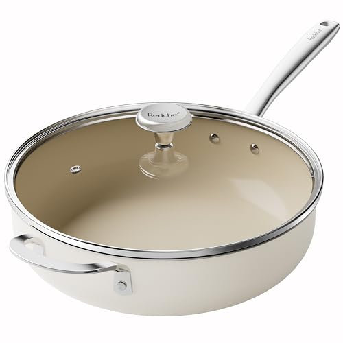 Redchef Sartén de inducción de 28 cm, sartén con tapa antiadherente, sartén de cerámica, con mango de acero inoxidable, sin PTFE, libre de PFOA, sin PFAS, apta para horno, apta para lavavajillas,