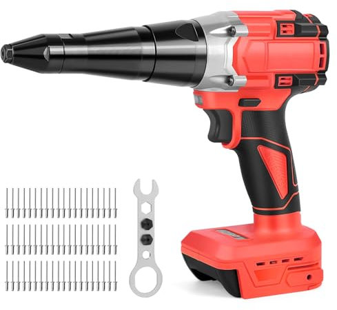 Rivettatrice a batteria compatibile con Milwaukee M 18 V batteria (senza batteria), rivettatrice elettrica professionale senza spazzole con luce LED, 3 adattatori, 60 rivetti e chiavi per metallo,