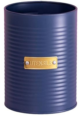 Darthome Navy Blue Ribbed Metal Utensils Pot 11x15x11cm Kitchen Tool Cutlery Storage Caddy Holder