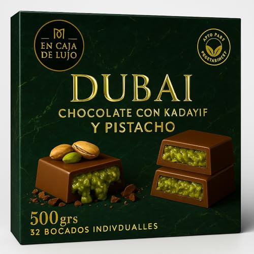 32 Delicias de Chocolate Dubai Gourmet · 500 g de Chocolates con Pistacho y Kadayif by Premium Moments en 32 Porciones Individuales · Caja de Regalo Luxury con Letras Doradas · Chocolate de Dubái