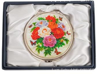 February Mountain Elegant Butterfly and Floral Mother of Pearl Compact Mirror, Dual Magnification (1X & 2.5X) – Lightweight Travel Makeup Mirror in Gift Box (Spring Peony)