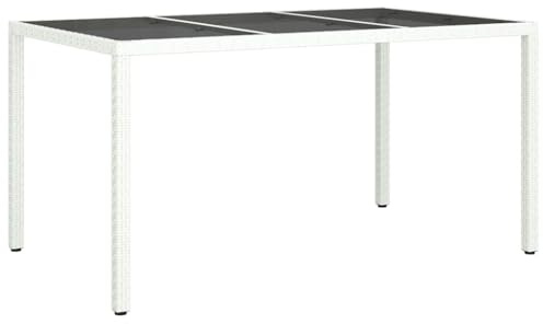 vidaXL Table de Jardin pour Repas Blanc 150 x 90 x 75 cm Poly rotin, Mobilier Alfresco, Table de Jardin Moderne, Surface résistante aux intempéries, Dessus en Verre trempé, pour Repas en extérieur.