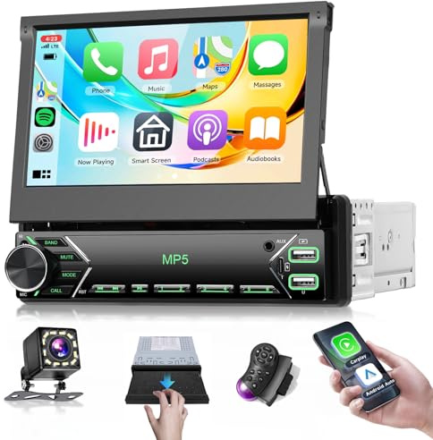 VECHTEL 7 Autoradio 1 Din avec écran Tactile rétractable Manuell Carplay Android Auto sans Fil,Radio FM avec Bluetooth,EQ,Mirror Link,2 USB/Type-C,autoradio avec caméra de recul/Commande au Volant