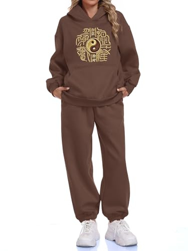 Hibelle Anxiety Relief Graphic Tai Chi Womens Hoodie Sweatsuit Set-Healing Energy,Luck & Wealth-2-Piece Lounge Tracksuit Brown Medium