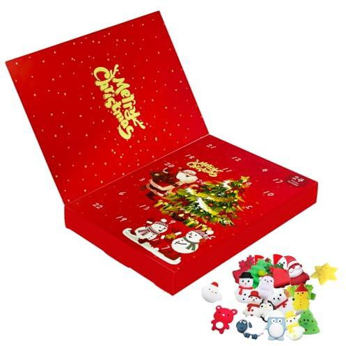 MOMAHUA【2025 Neuheit】Adventskalender mit 24 Weihnachtlichen Mochi Squishys - Rot Lustiger Countdown Kalender mit Weichmacher Figuren als Geschenk für Kinder, Mädchen, Jungen