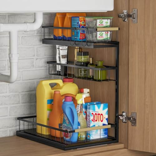 Fantasnight Under Sink Storage Kitchen Organiser - 1 Pack Metal Undersink Organisation for Cupboard - 3 Tier Pull Out Cabinet Drawers Black - Cleaning Sliding Shelf Organizer Solutions for Bathroom